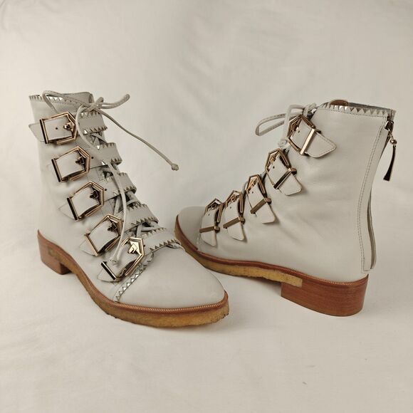 Femmes Sans Peur Buckles Lace Up Ankle Boots Ivory Gold Size 5.5/6 Y2K Western - Picture 2 of 10